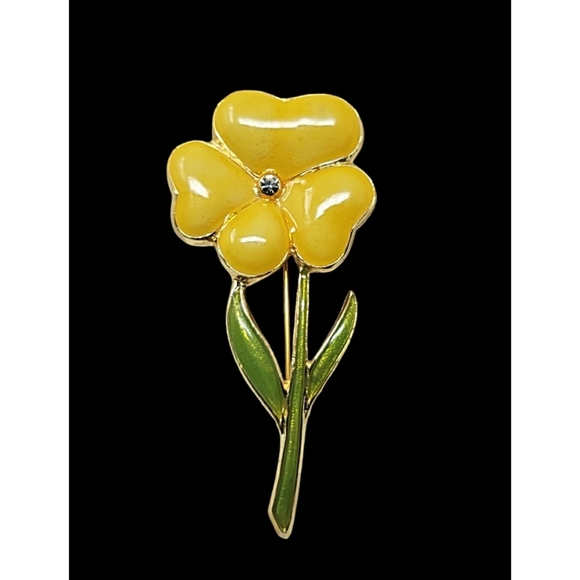 Vintage Yellow Enamel Goldtone Flower Brooch - Picture 1 of 4